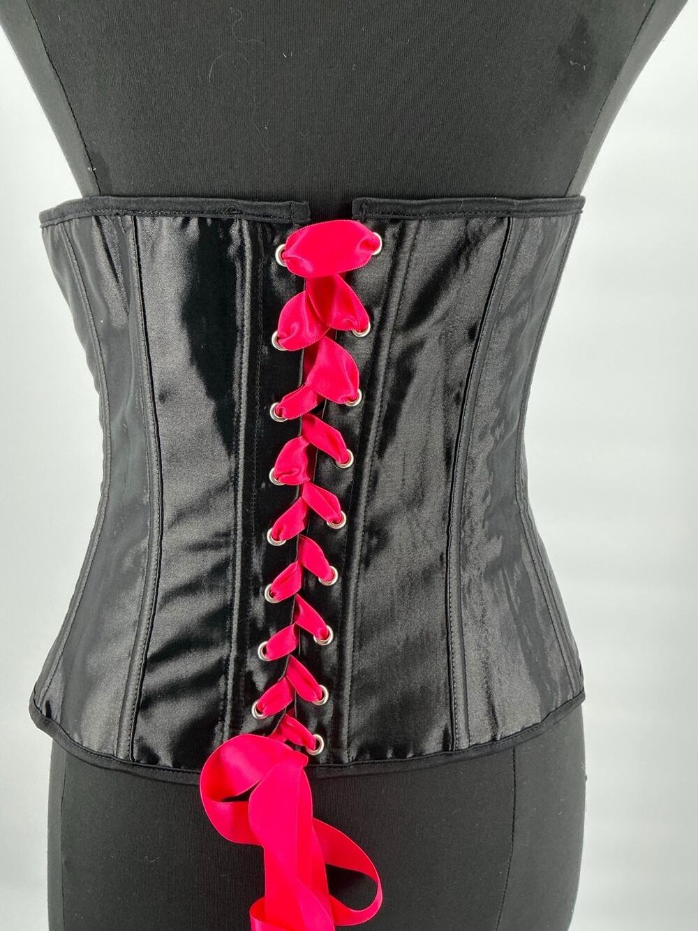 Glamtastik Black Satin Underbust Corset Hot Pink Ribbon Busk Medium